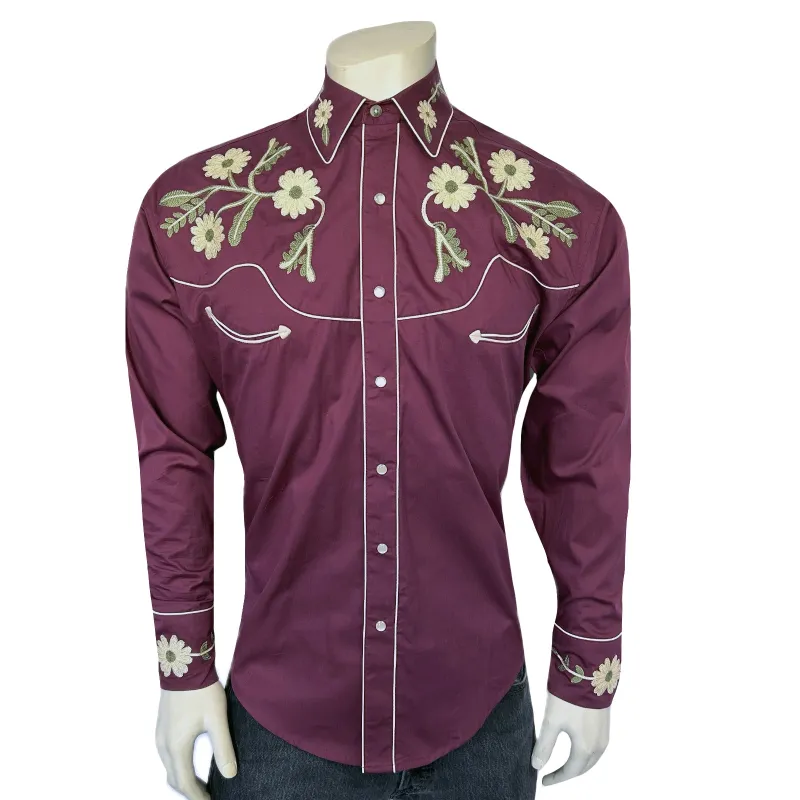 Men's Vintage Burgundy Floral Embroidered Western Shirt made by Rockmount Ranch Wear