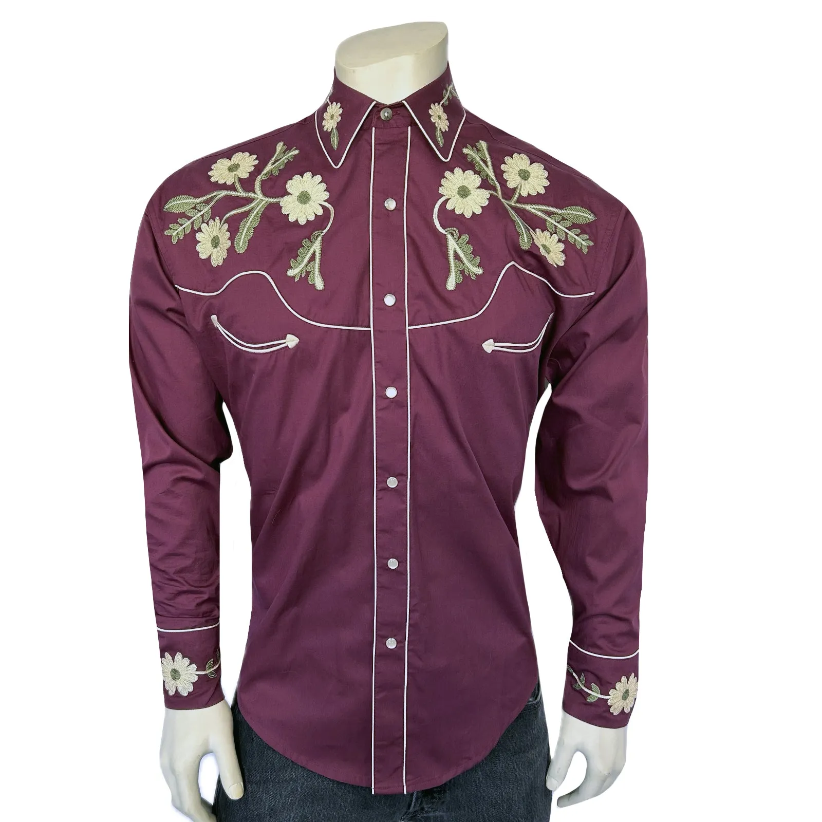 Men's Vintage Burgundy Floral Embroidered Western Shirt sold by Rockmount Ranch Wear