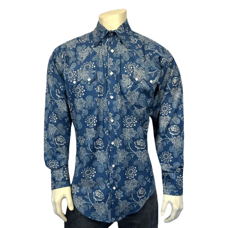 Men's Long Sleeve Navy Floral Print Western Shirt made by Rockmount Ranch Wear