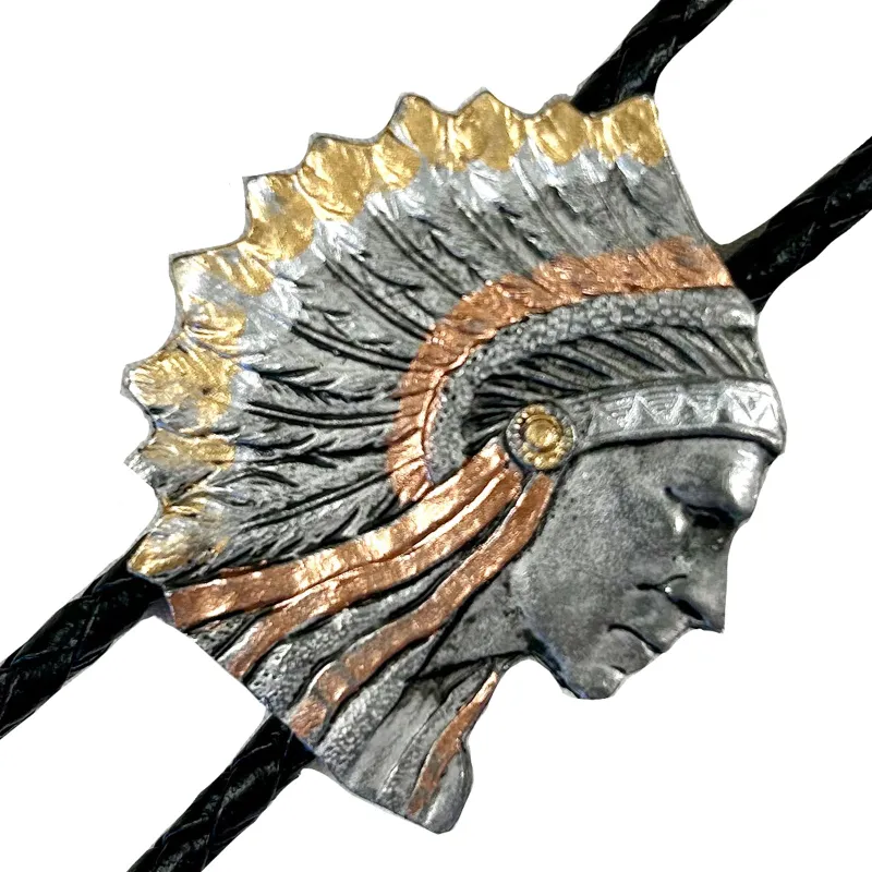 Pewter Indian Chief Tri-Tone Western Bolo Tie made by Rockmount Ranch Wear
