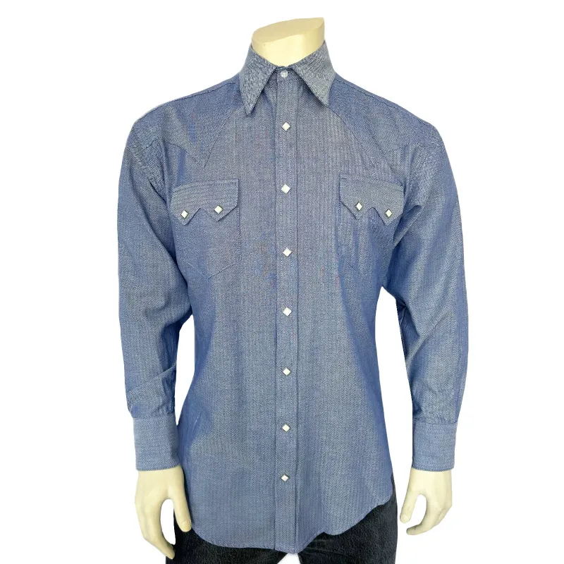 Men's Blue Pima Cotton Herringbone Western Shirt made by Rockmount Ranch Wear