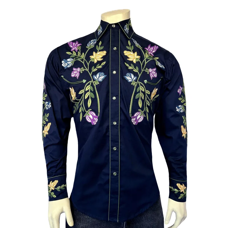 Men's Vintage Navy Floral Crochet Embroidered Western Shirt made by Rockmount Ranch Wear