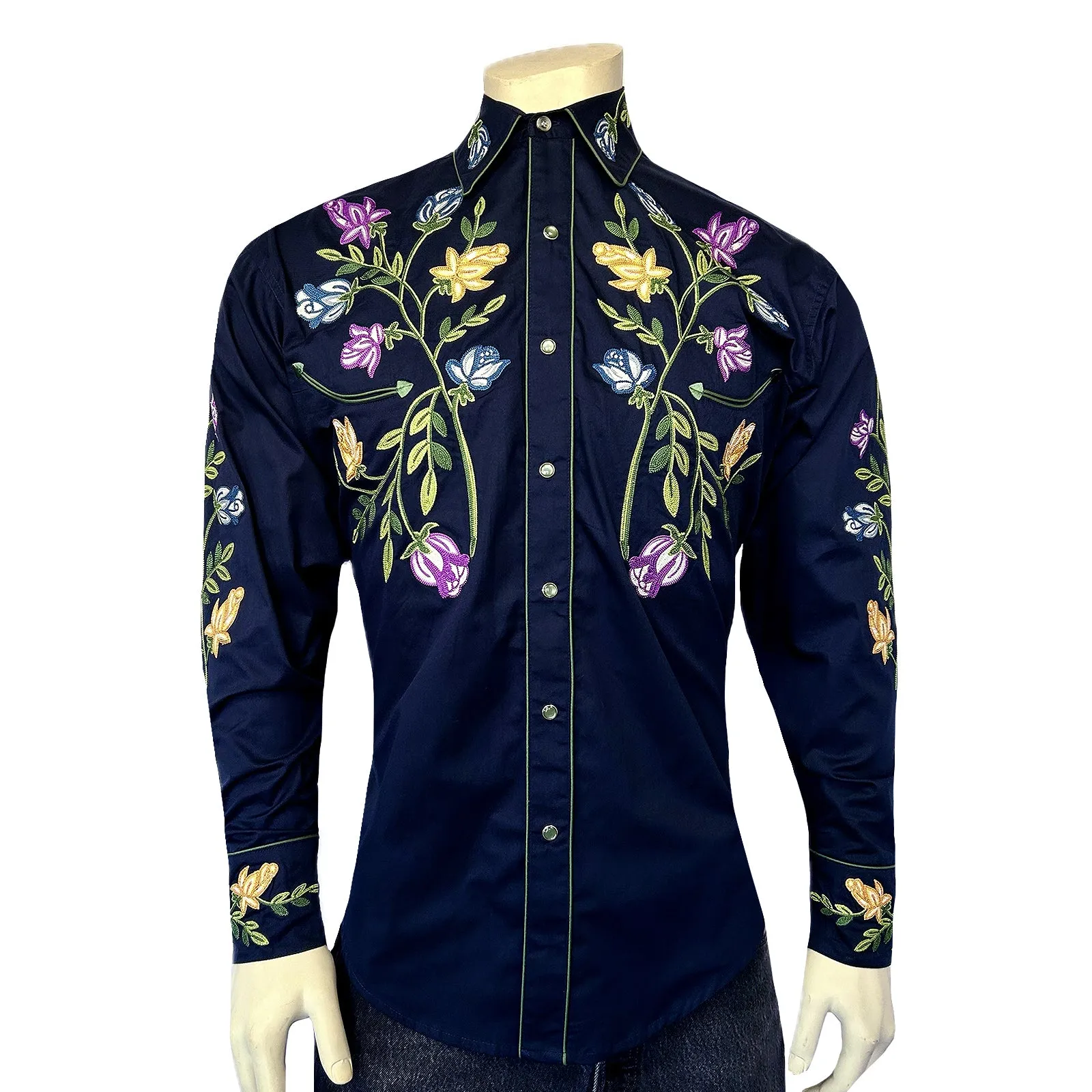 Men's Vintage Navy Floral Crochet Embroidered Western Shirt sold by Rockmount Ranch Wear