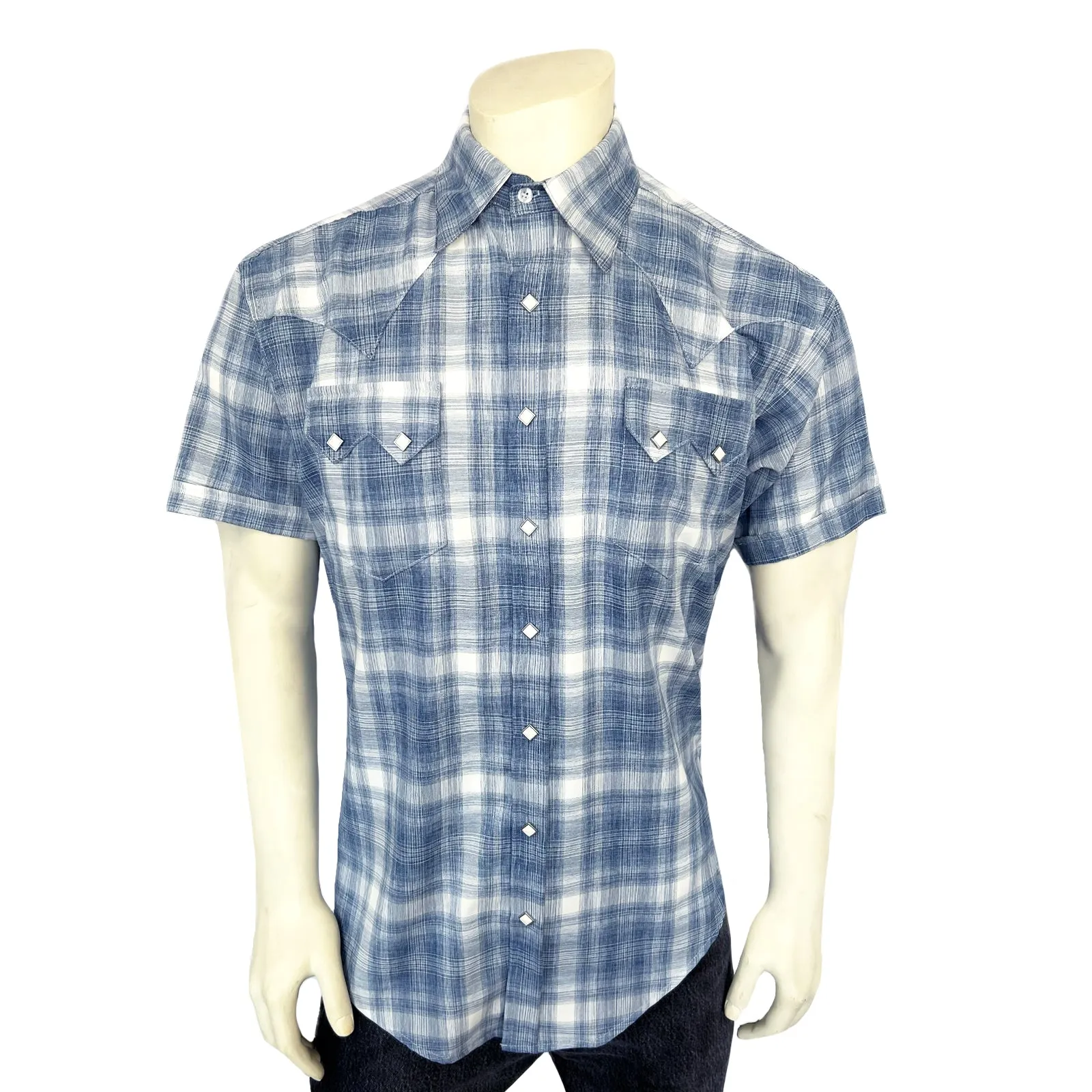Men's Blue Short Sleeve Shadow Plaid Western Shirt sold by Rockmount Ranch Wear