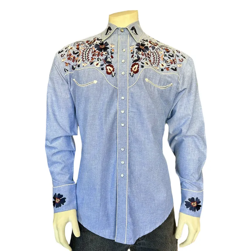 Men's Vintage Blue Floral Embroidered Western Shirt made by Rockmount Ranch Wear