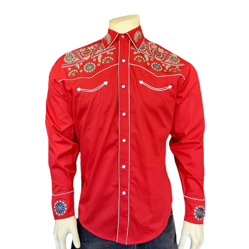 Men's Vintage Red Floral & Stars Embroidered Western Shirt made by Rockmount Ranch Wear