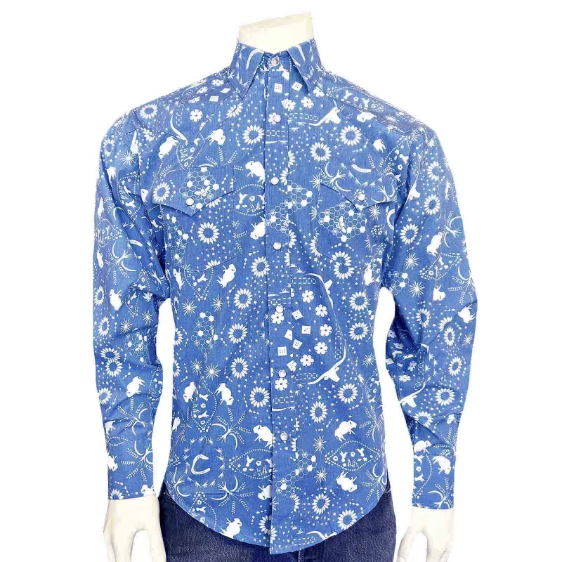 Men's Blue Bison Bandana Print Western Shirt made by Rockmount Ranch Wear
