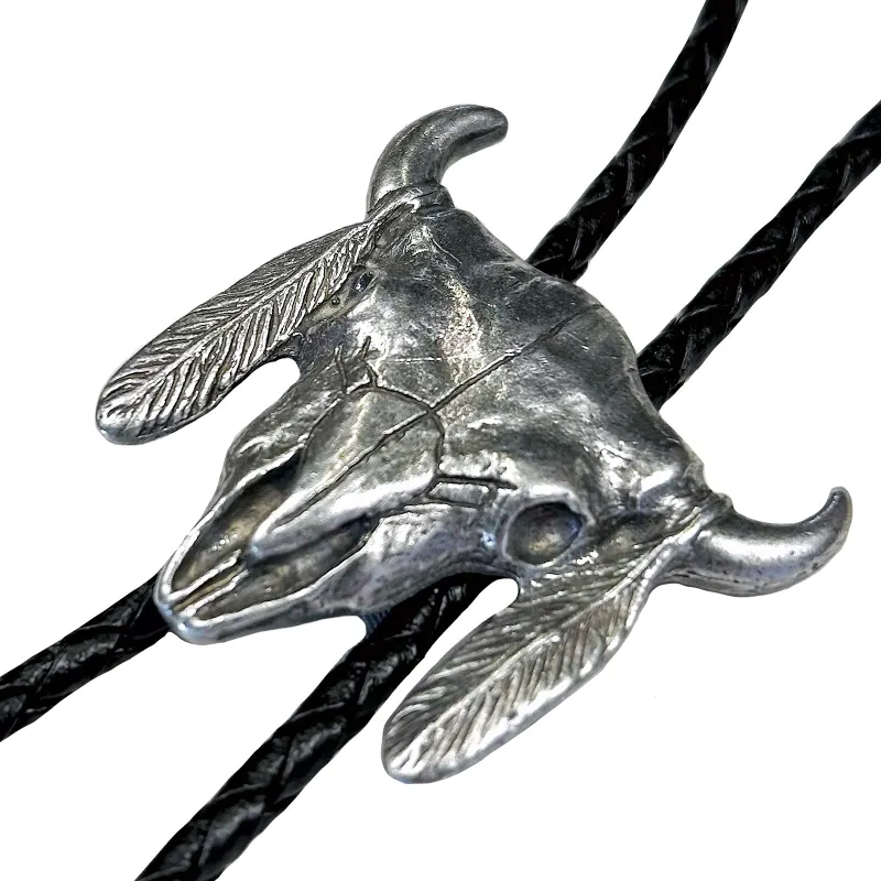 Pewter Steer Skull with Feathers Western Bolo Tie made by Rockmount Ranch Wear
