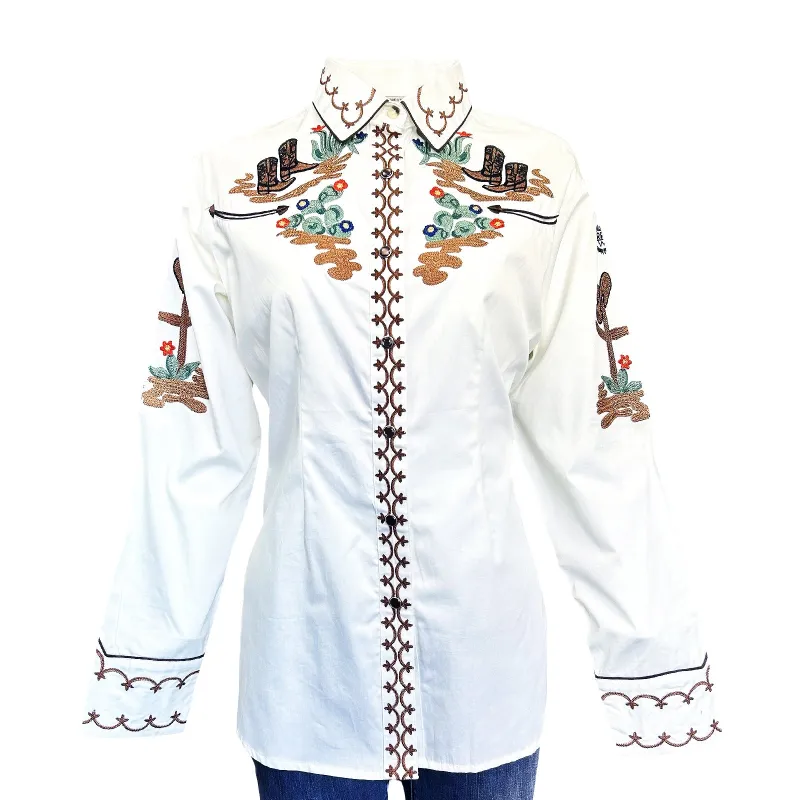 Women's Vintage Ivory Cactus & Cowgirl Boots Embroidered Western Shirt made by Rockmount Ranch Wear