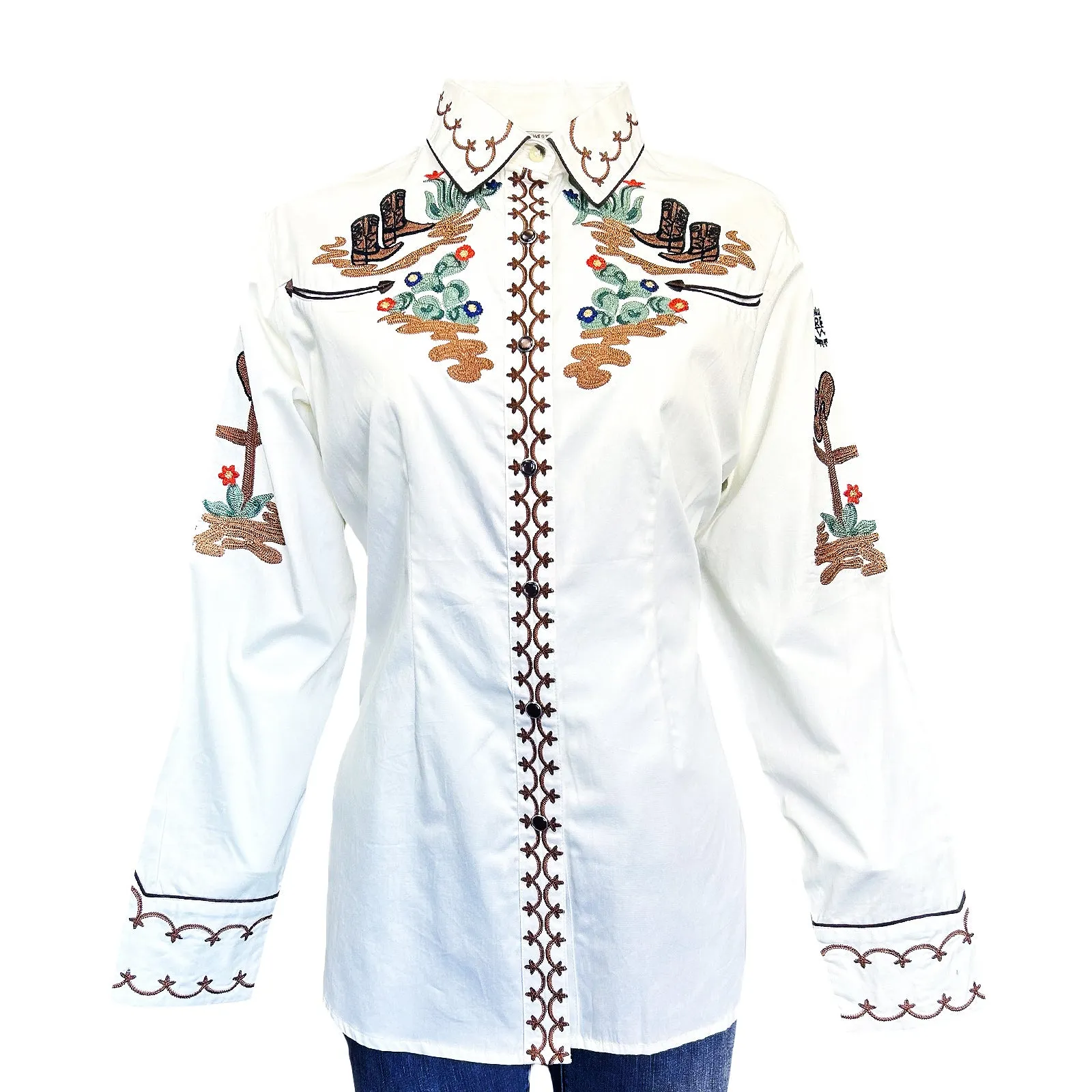 Women's Vintage Ivory Cactus & Cowgirl Boots Embroidered Western Shirt sold by Rockmount Ranch Wear