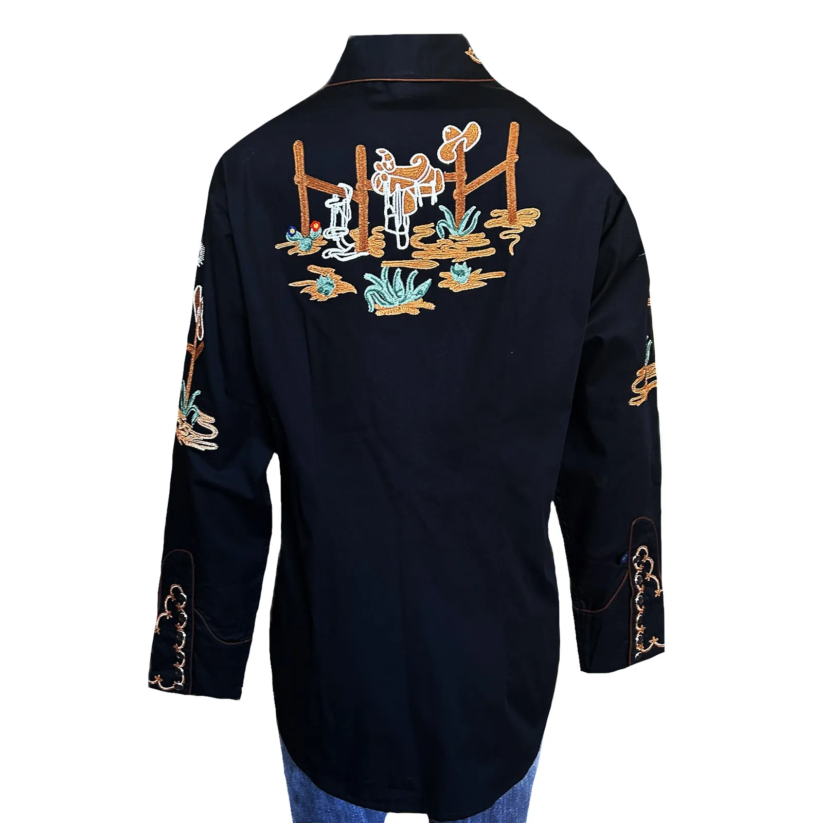 Women's Vintage Cactus & Cowgirl Boots Embroidered Western Shirt in Black sold by Rockmount Ranch Wear product image thumbnail 2