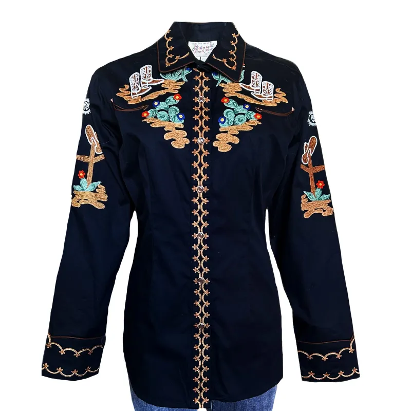 Women's Vintage Cactus & Cowgirl Boots Embroidered Western Shirt in Black made by Rockmount Ranch Wear