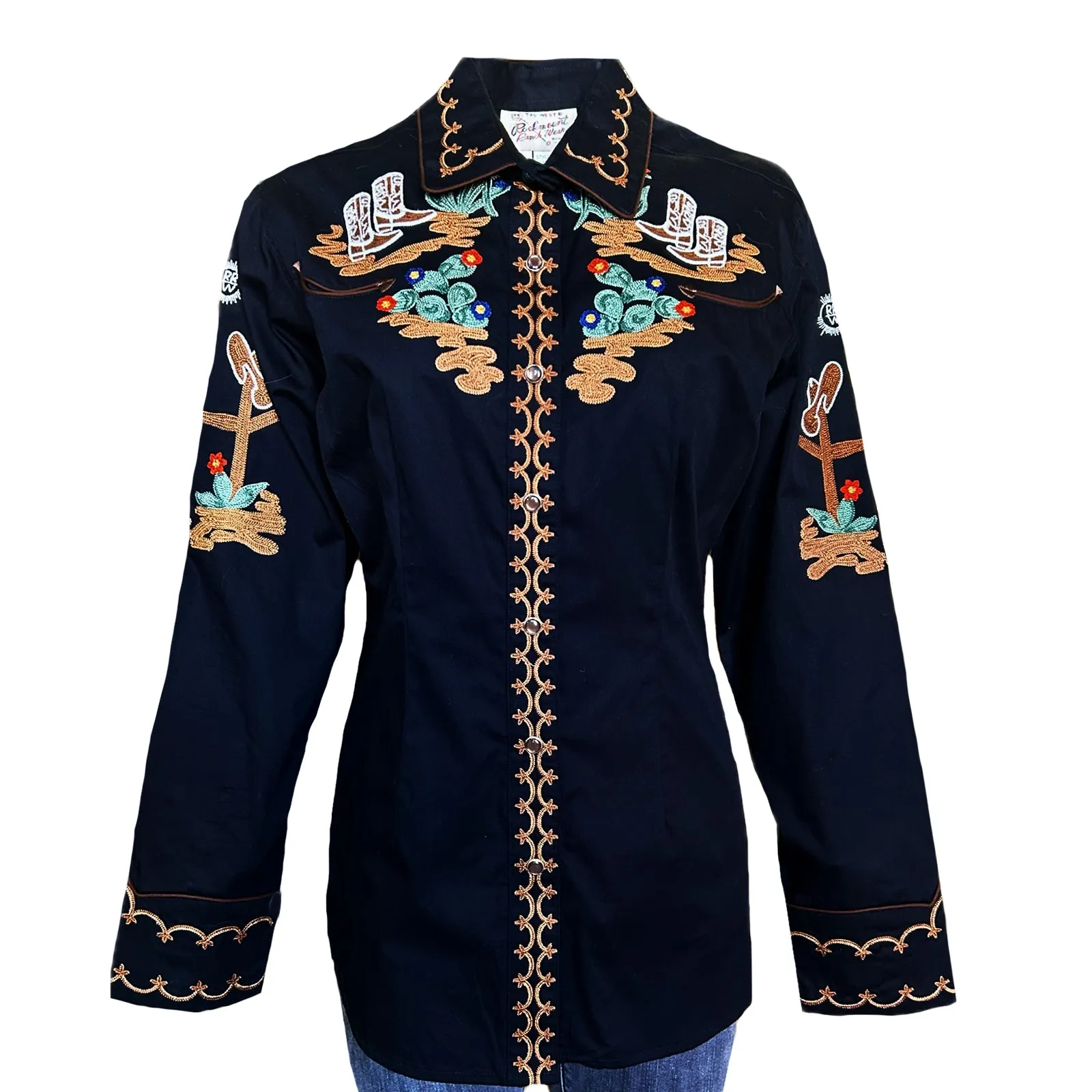 Women's Vintage Cactus & Cowgirl Boots Embroidered Western Shirt in Black sold by Rockmount Ranch Wear