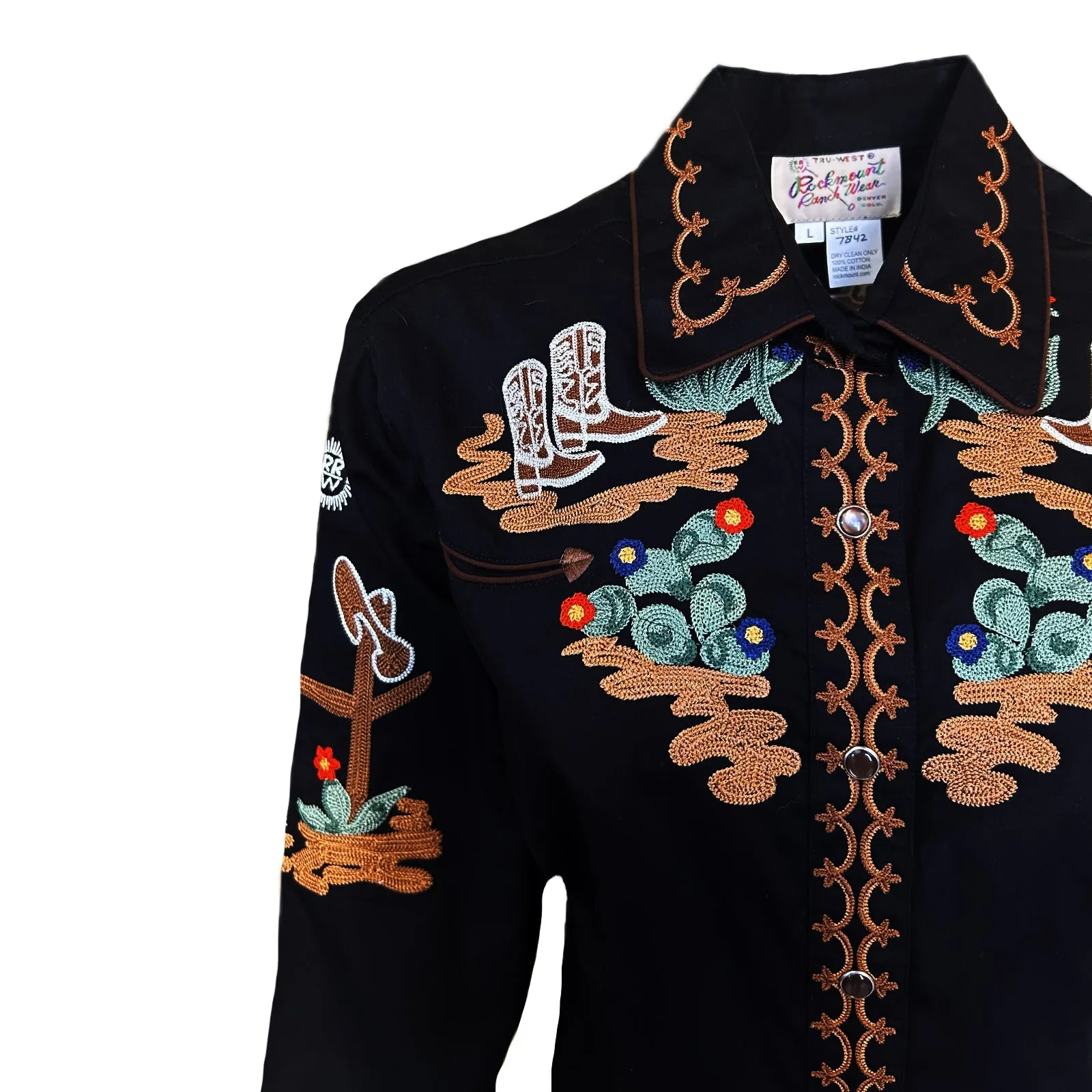 Women's Vintage Cactus & Cowgirl Boots Embroidered Western Shirt in Black sold by Rockmount Ranch Wear product image thumbnail 4