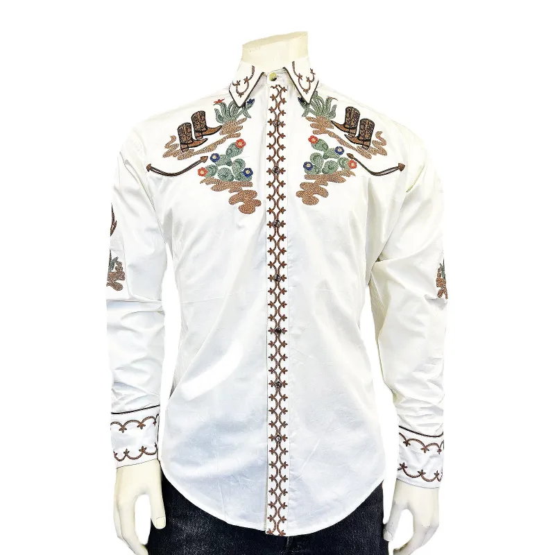 Men's Cactus & Cowboy Boots Embroidered Western Shirt in Ivory made by Rockmount Ranch Wear