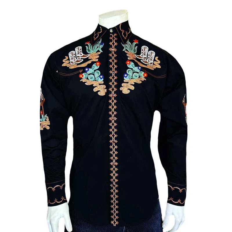 Men's Black Cactus & Cowboy Boots Embroidered Western Shirt made by Rockmount Ranch Wear