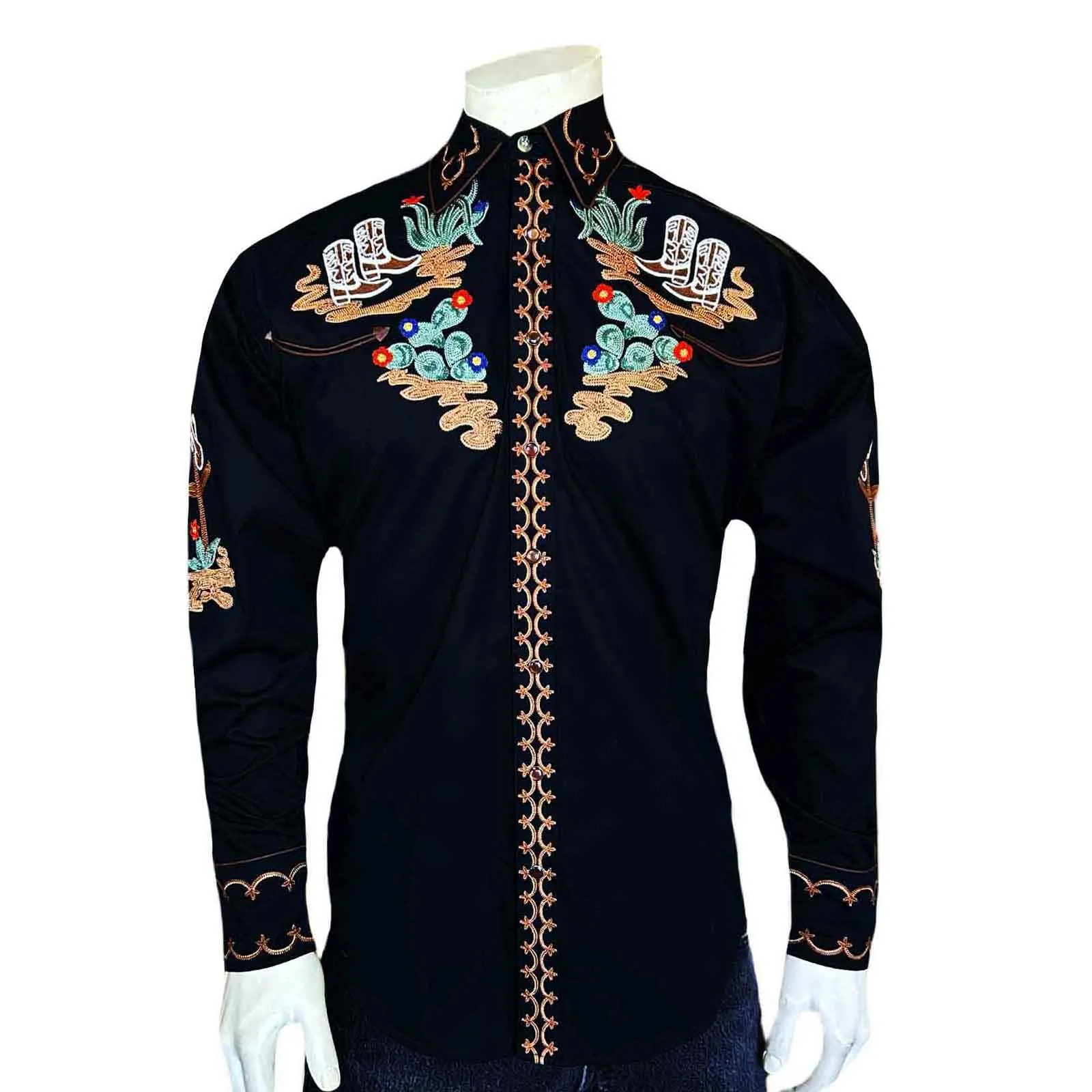 Men's Black Cactus & Cowboy Boots Embroidered Western Shirt sold by Rockmount Ranch Wear