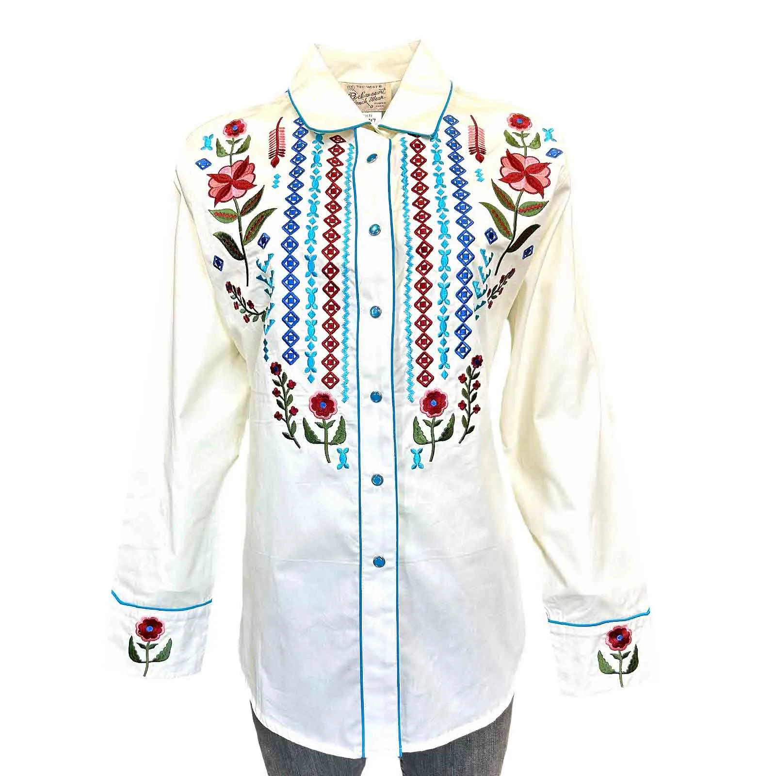 Women's Ivory Boho Serape Western Shirt with Cascading Embroidery sold by Rockmount Ranch Wear