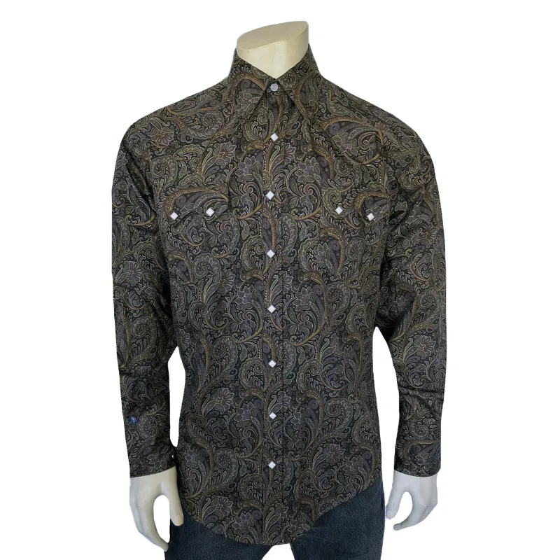 Men's Ornate Paisley Print Western Shirt in Brown made by Rockmount Ranch Wear