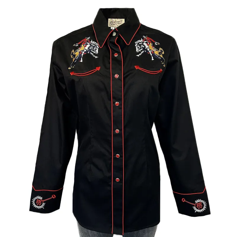 Women’s Rockmount Bronc Vintage Embroidery Western Shirt in Black made by Rockmount Ranch Wear