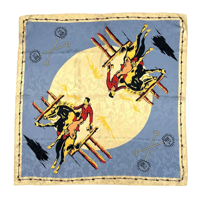 Vintage Rockmount Ranch Wear Bronc Silk Scarf in Blue made by Rockmount Ranch Wear