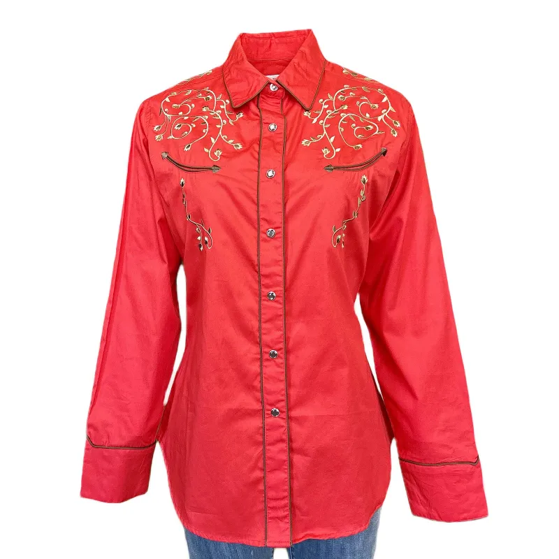 Women’s Rhinestones & Scrolls Embroidered Western Shirt in Red made by Rockmount Ranch Wear