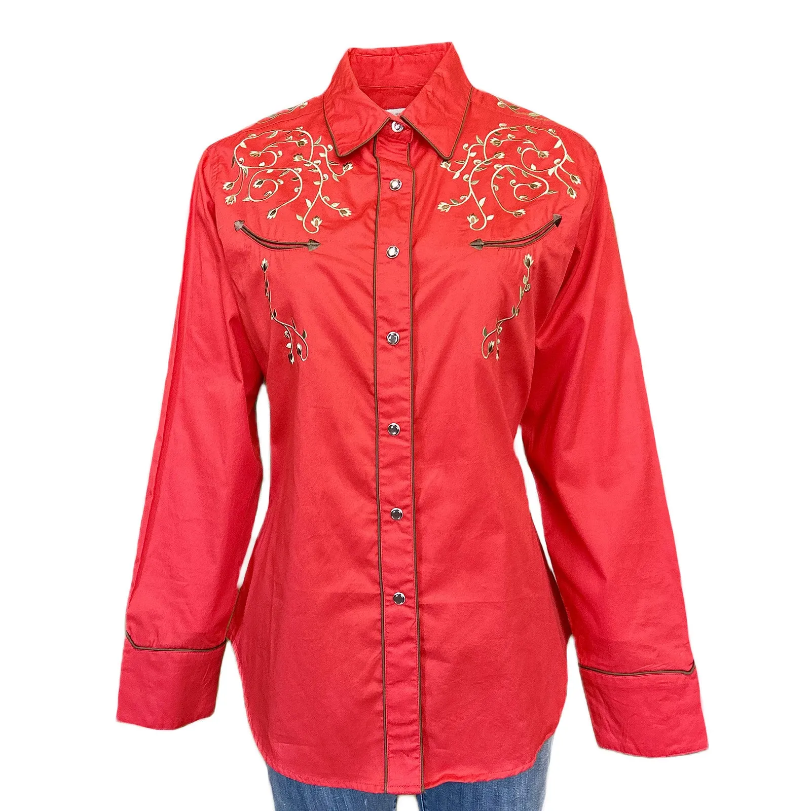 Women’s Rhinestones & Scrolls Embroidered Western Shirt in Red sold by Rockmount Ranch Wear