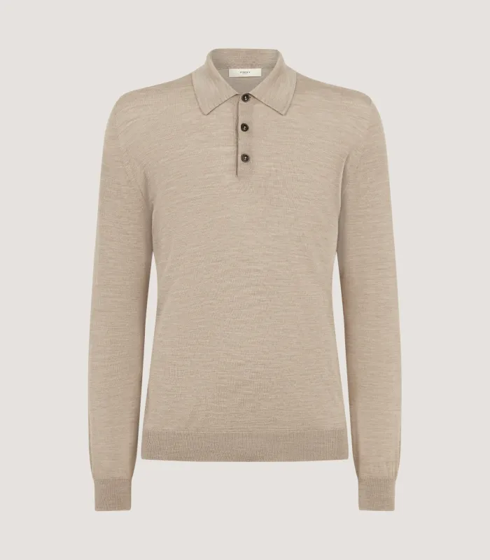 Men's Lightweight Travel Merino Long Sleeve Polo in Taupe made by Johnstons of Elgin