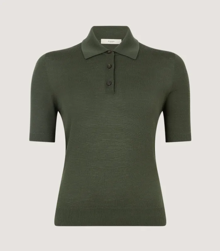 Women's Talla Knitted Short Sleeve Polo Shirt in Loden made by Johnstons of Elgin