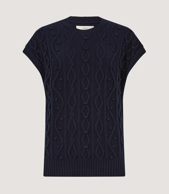 Women's Cotton Cashmere Aran Tank in Midnight made by James Purdey & Sons