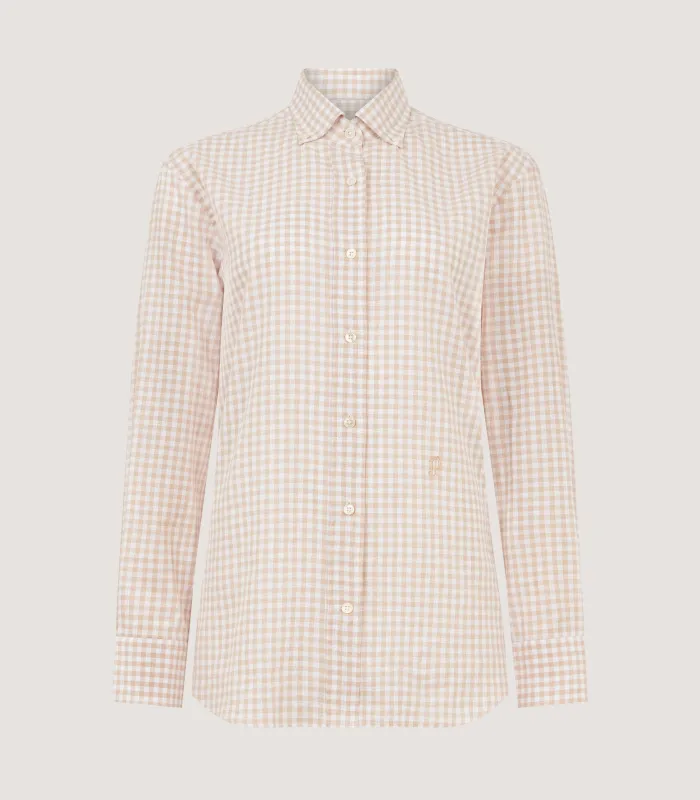 Women's Button Down Collar Gingham Shirt in Stone made by James Purdey & Sons