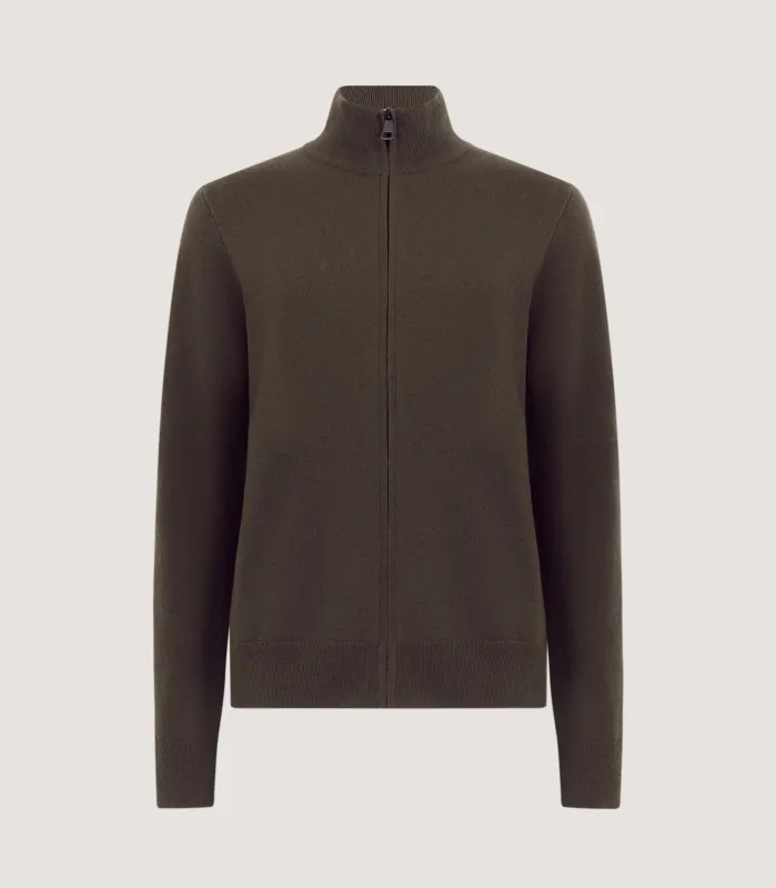 Men's Halkin Technical Zip Front Cardigan in Loden made by James Purdey & Sons