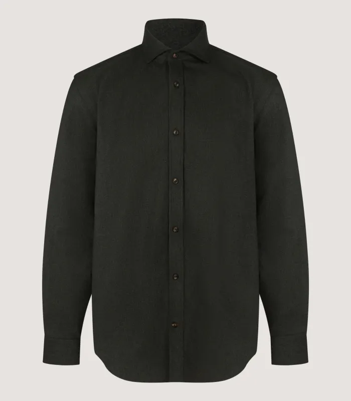 Men's Wool Cut Away Collar Shirt in Bottle Green made by James Purdey & Sons