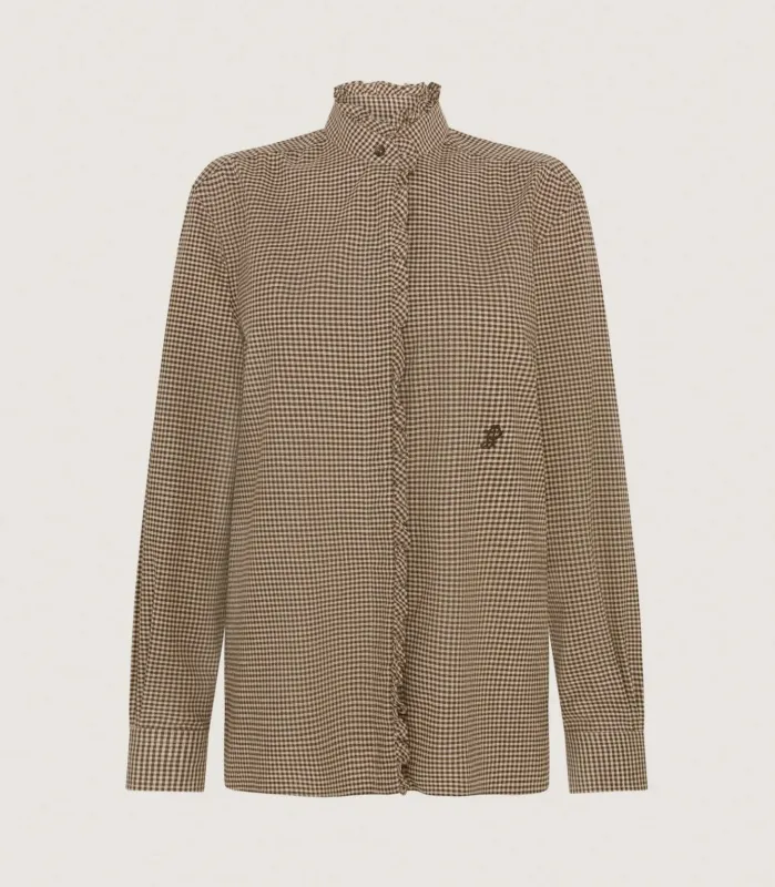 Women's Micro Check Cotton Pie Crust Shirt in Walnut made by James Purdey & Sons