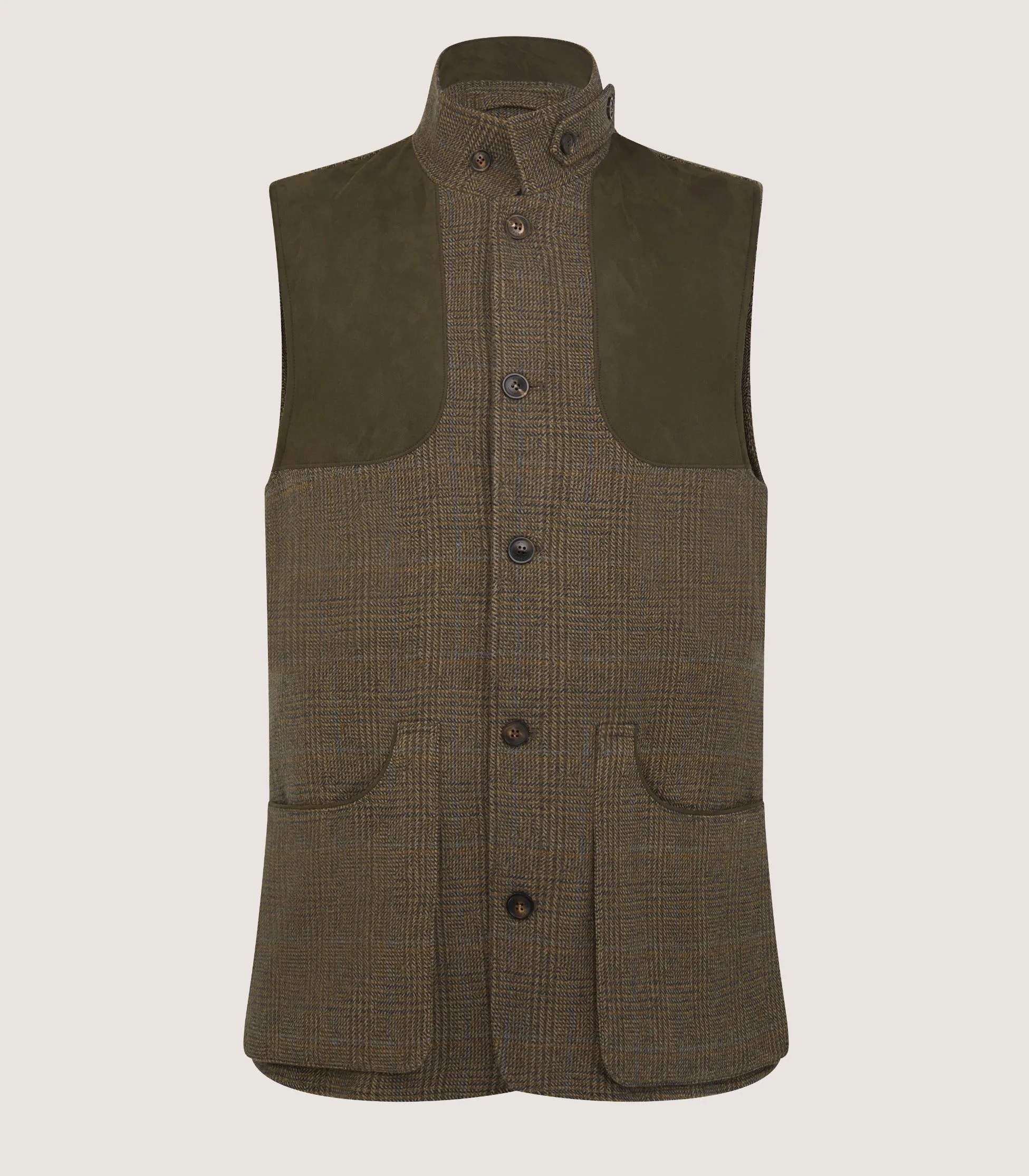 Men's Tweed High Collar Sporting Vest In Morlich sold by James Purdey & Sons