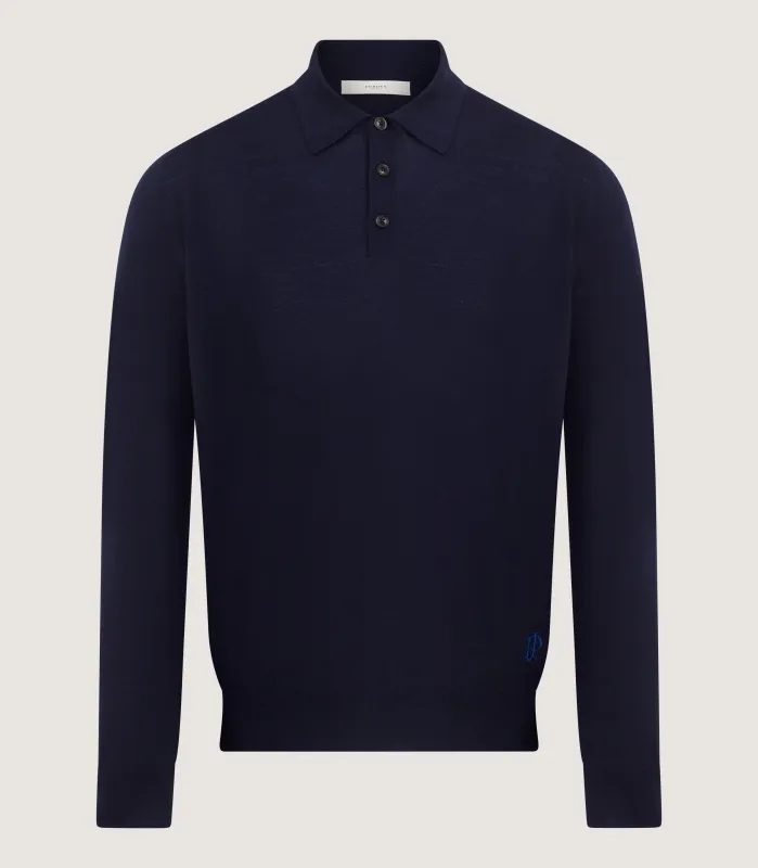 Men's Lightweight Travel Merino Long Sleeve Polo in Midnight made by Johnstons of Elgin