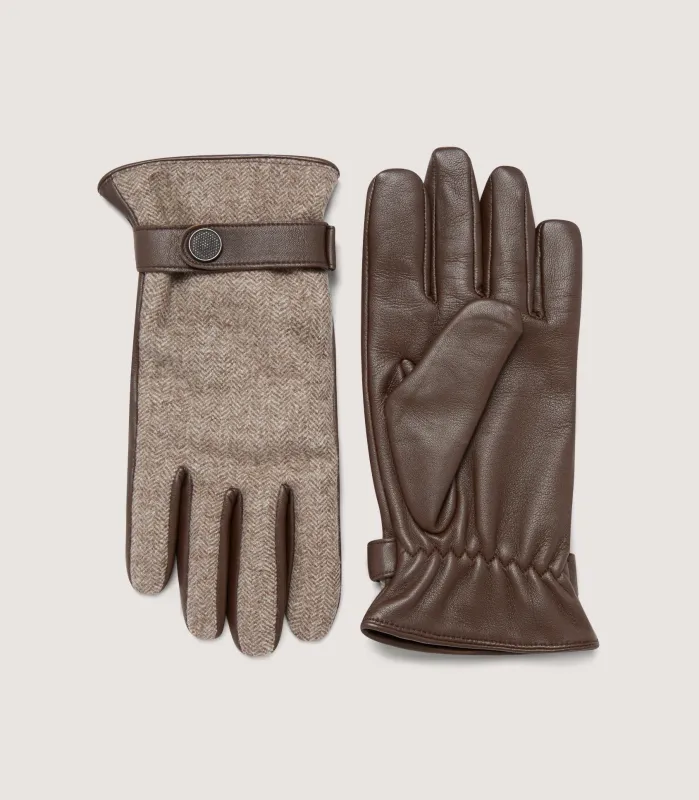 Women's Herringbone Tweed and Leather Gloves in Mushroom made by Dents Gloves