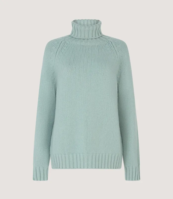 Women's Montague Roll Neck Sweater in Sage made by Johnstons of Elgin