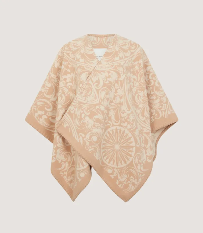 Women's Rose and Scroll Poncho in Camel made by Johnstons of Elgin