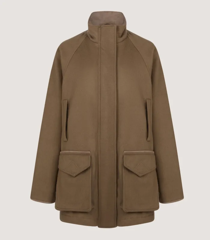 Women's Cashmere Mix Raglan Field Coat in Otter made by James Purdey & Sons