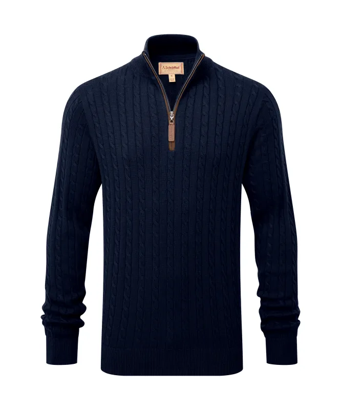 Calton Cotton Cashmere Cable Quarter Zip Jumper - Navy made by Schöffel