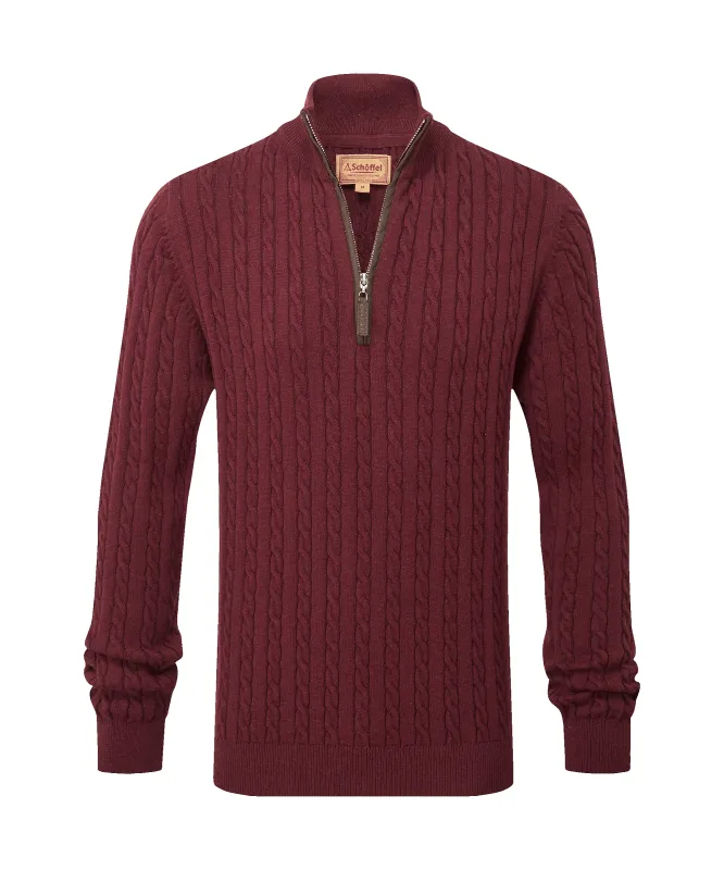 Calton Cotton Cashmere Cable Quarter Zip Jumper - Burgundy made by SchÃ¶ffel
