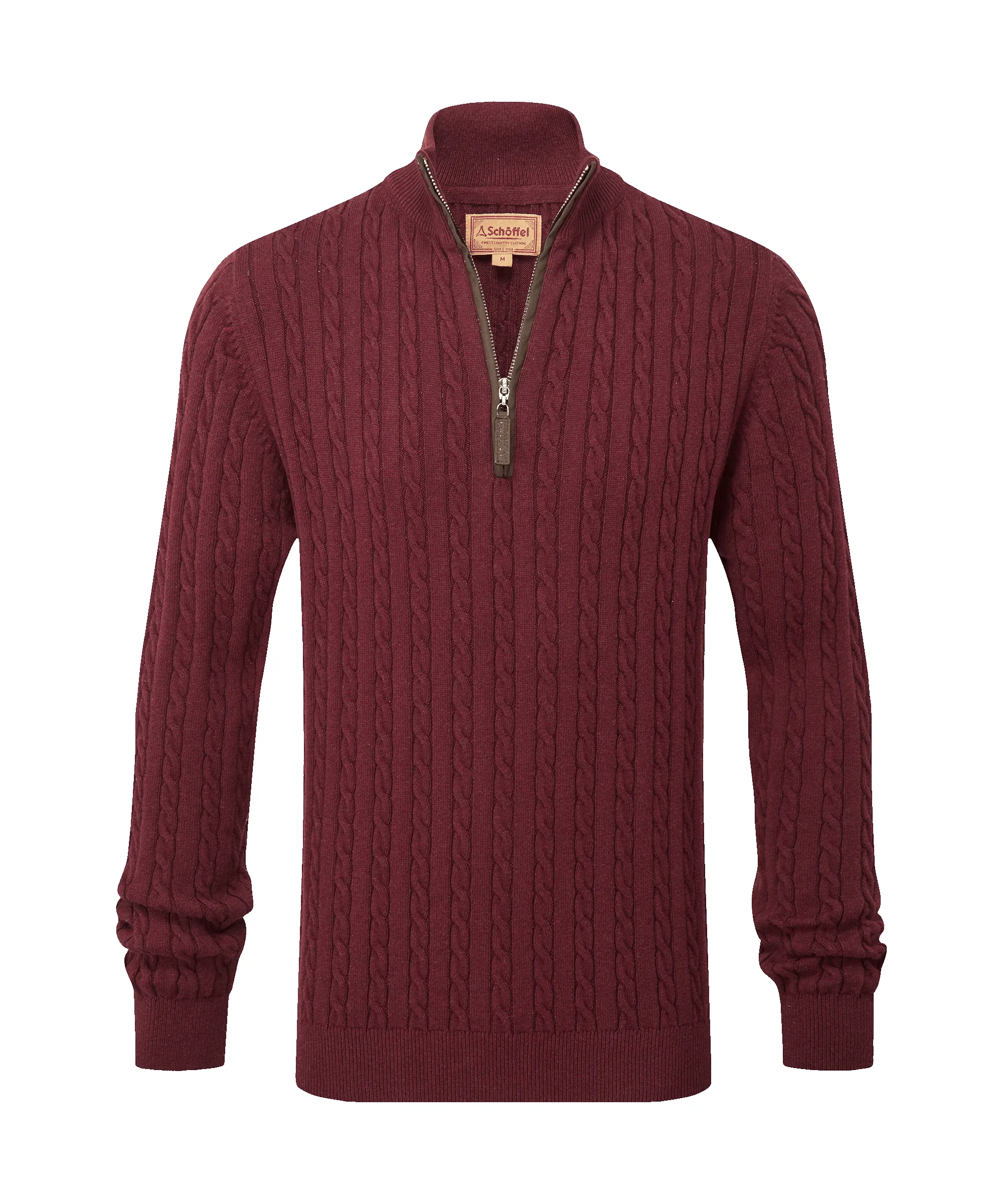 Calton Cotton Cashmere Cable Quarter Zip Jumper - Burgundy sold by Schöffel