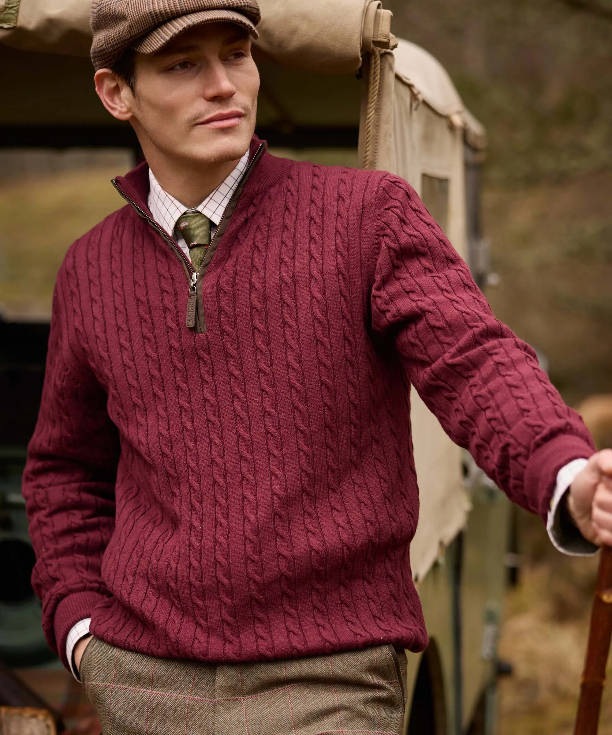 Calton Cotton Cashmere Cable Quarter Zip Jumper - Burgundy sold by Schöffel product image thumbnail 4