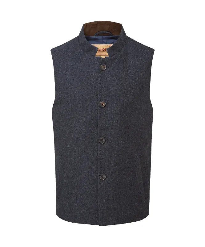 Berwick Nehru Tweed Waistcoat - Dark Navy Herringbone Tweed made by SchÃ¶ffel