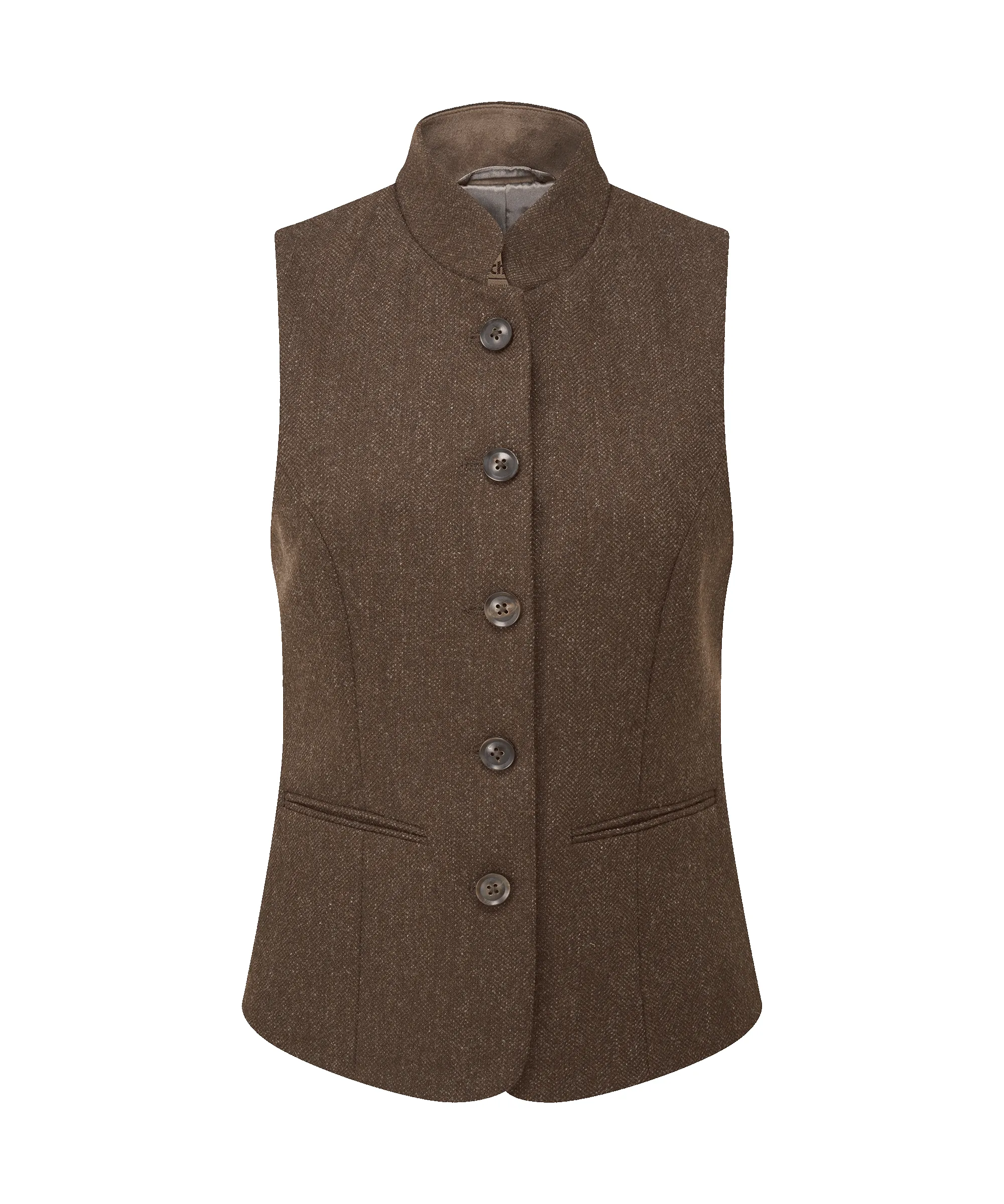 Millport Tweed Nehru Waistcoat - Chocolate Herringbone Tweed sold by Schöffel