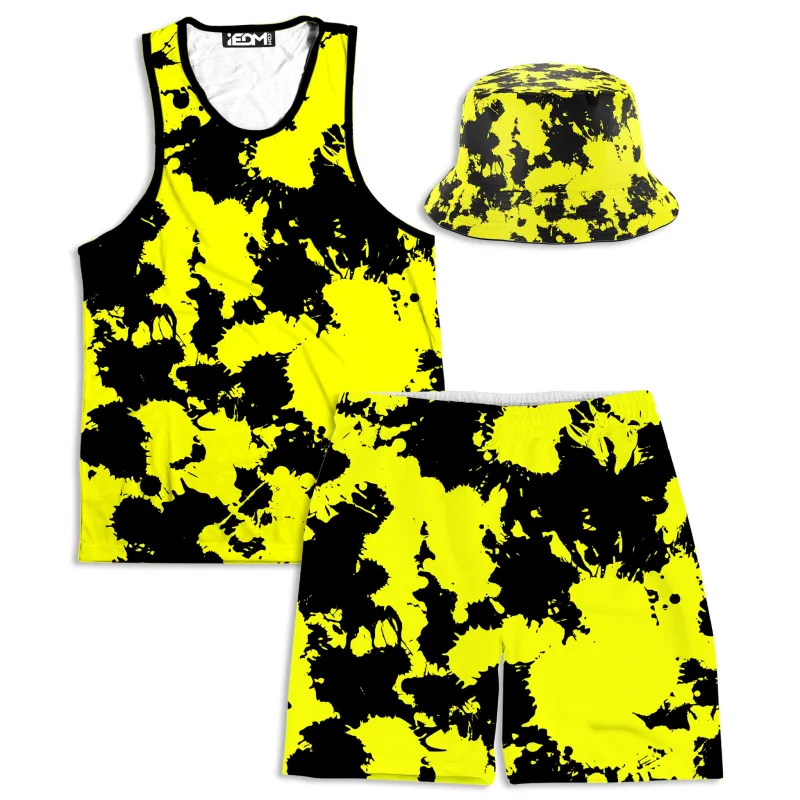 Yellow and Black Paint Splatter Tank and Shorts with Bucket Hat Combo sold by iEDM