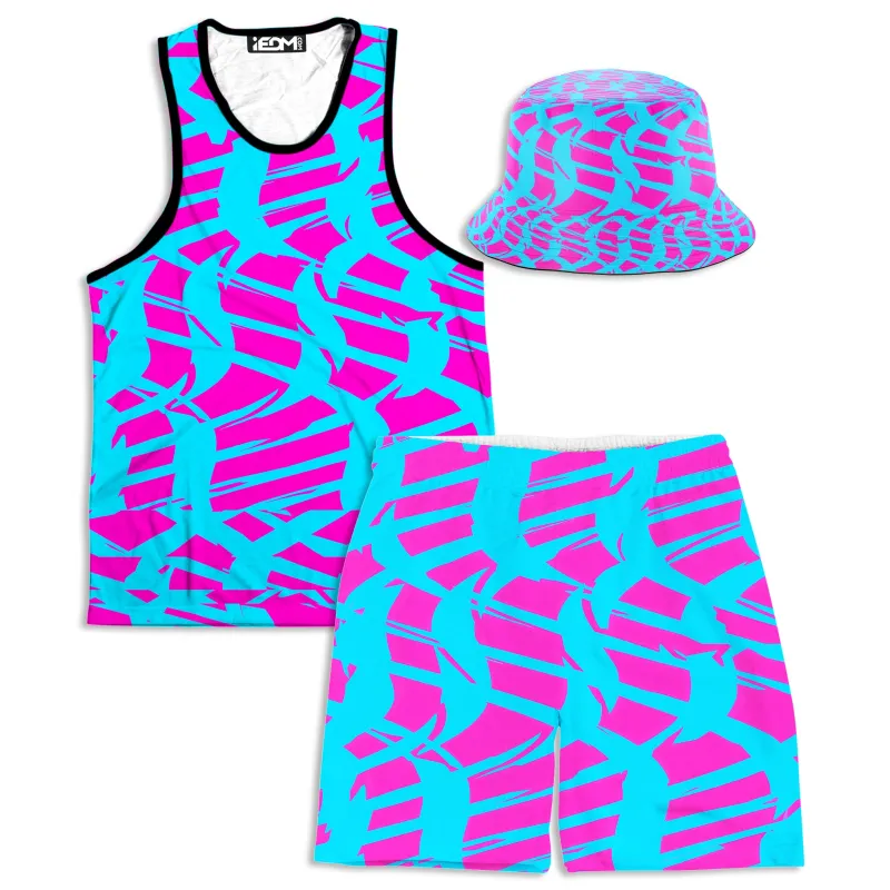 Pink and Blue Squiggly Rave Checkered Tank and Shorts with Bucket Hat Combo made by iEDM