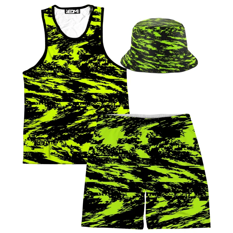 Black Lime Bolt Glitch Tank and Shorts with Bucket Hat Combo sold by iEDM