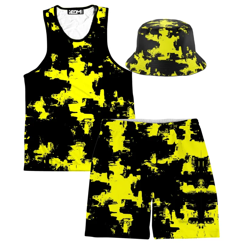 Black and Yellow Abstract Tank and Shorts with Bucket Hat Combo sold by iEDM